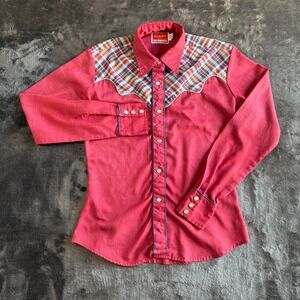 Vtg Ely Plains Western Plaid Yoke Western Shirt Red Long Sleeve Snap Button Kids